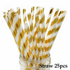 A bundle of 25 gold and white striped disposable plastic straws in a glass container.