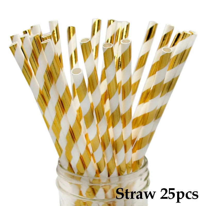 A bundle of 25 gold and white striped disposable plastic straws in a glass container.