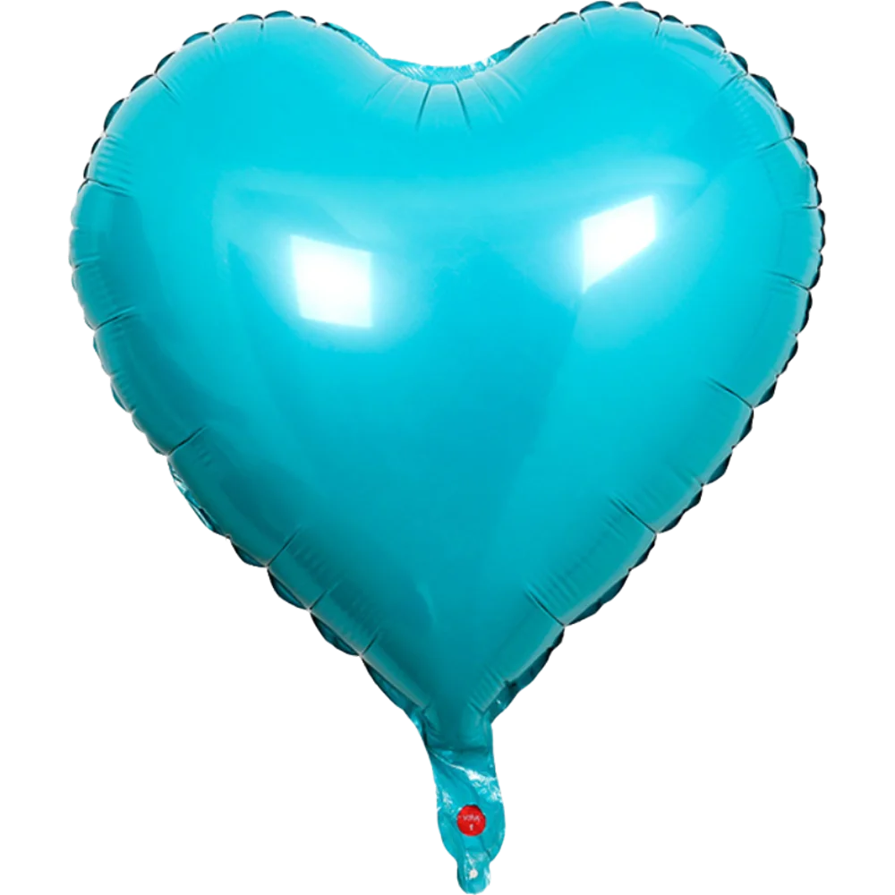 A bright cyan heart-shaped foil balloon with a silver trim and a red valve visible at the bottom.