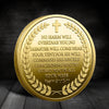 A round gold-plated collectible coin featuring Psalm 9:1-10-11 engraved on its surface.