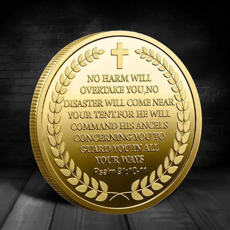 A round gold-plated collectible coin featuring Psalm 9:1-10-11 engraved on its surface.