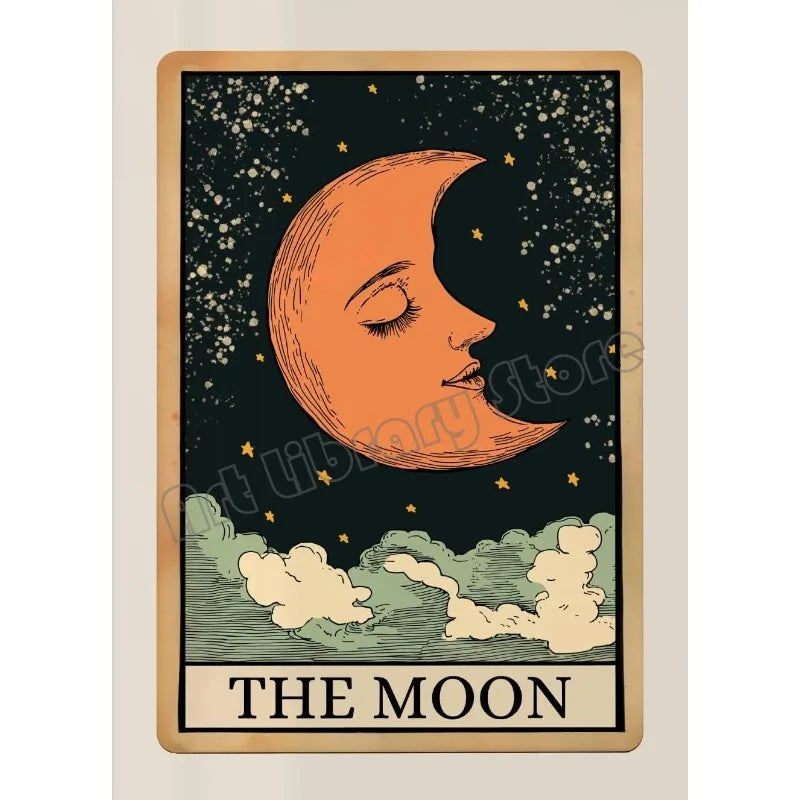 A tarot poster featuring a crescent moon face against a dark starry background and clouds, titled The Moon.