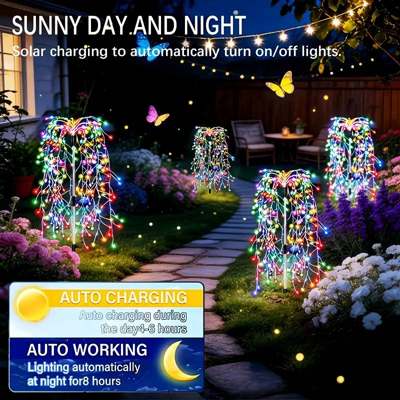 Solar garden lights with a starburst effect illuminating a pathway and garden at night