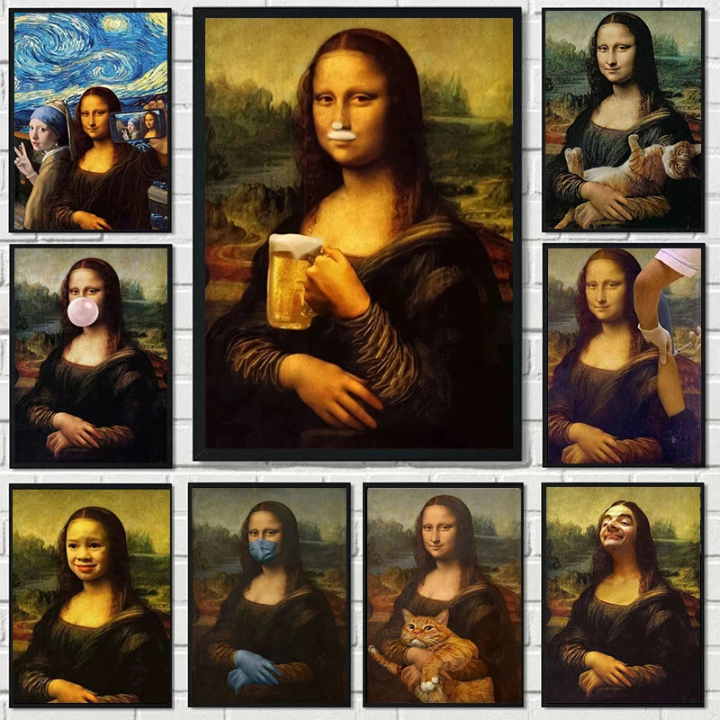 Una cuadrícula de nueve impresiones de arte enmarcadas con diversas representaciones de la Mona Lisa.