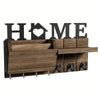 Rustic wooden wall key holder featuring a shelf and seven hooks for keys and accessories.