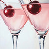 A close-up painting of two stemmed glasses filled with pink liquid and garnished with cherries.
