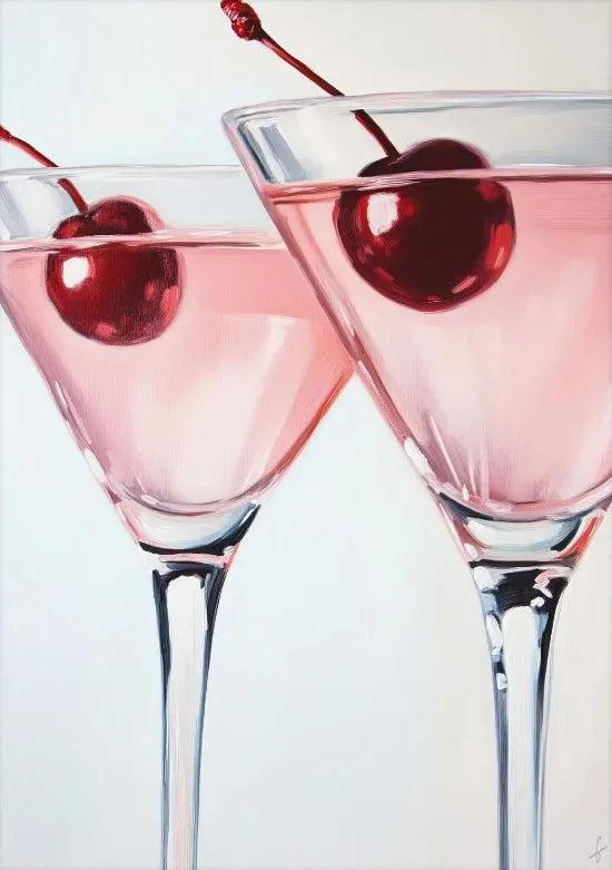 A close-up painting of two stemmed glasses filled with pink liquid and garnished with cherries.