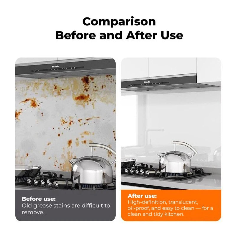 Comparison showing before and after use of a clear oil-proof self-adhesive film on a kitchen hood