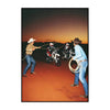 A group of riders on motorcycles in a desert landscape under an orange sky.