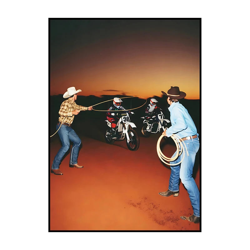 A group of riders on motorcycles in a desert landscape under an orange sky.