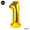 A single gold foil number balloon shaped like the numeral one, measuring 32 inches.