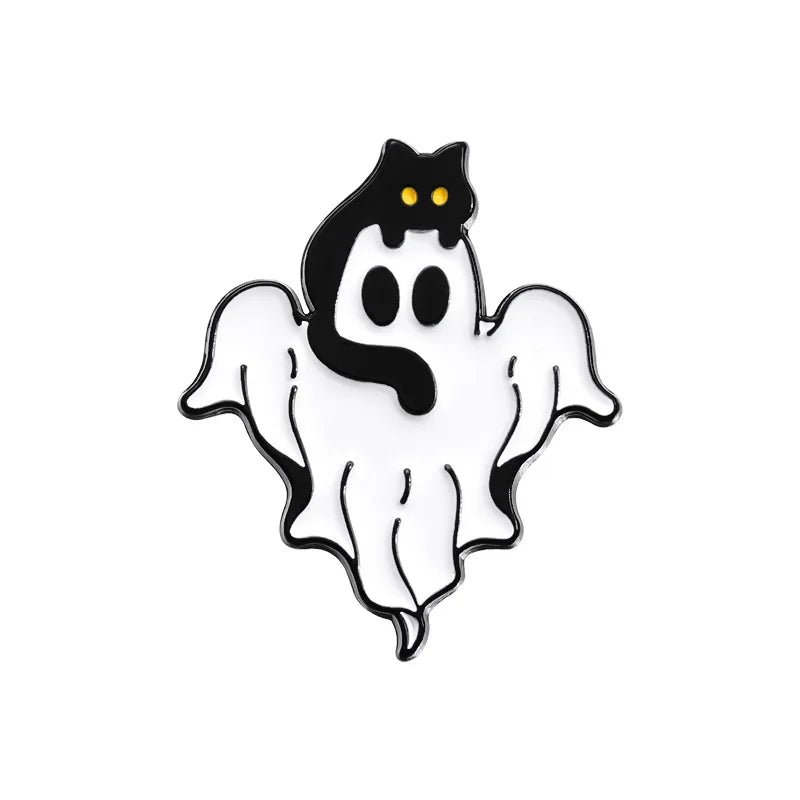 Halloween Enamel Pins Set - Cute Ghost, Black Cat, and Pumpkin Brooches for Kids