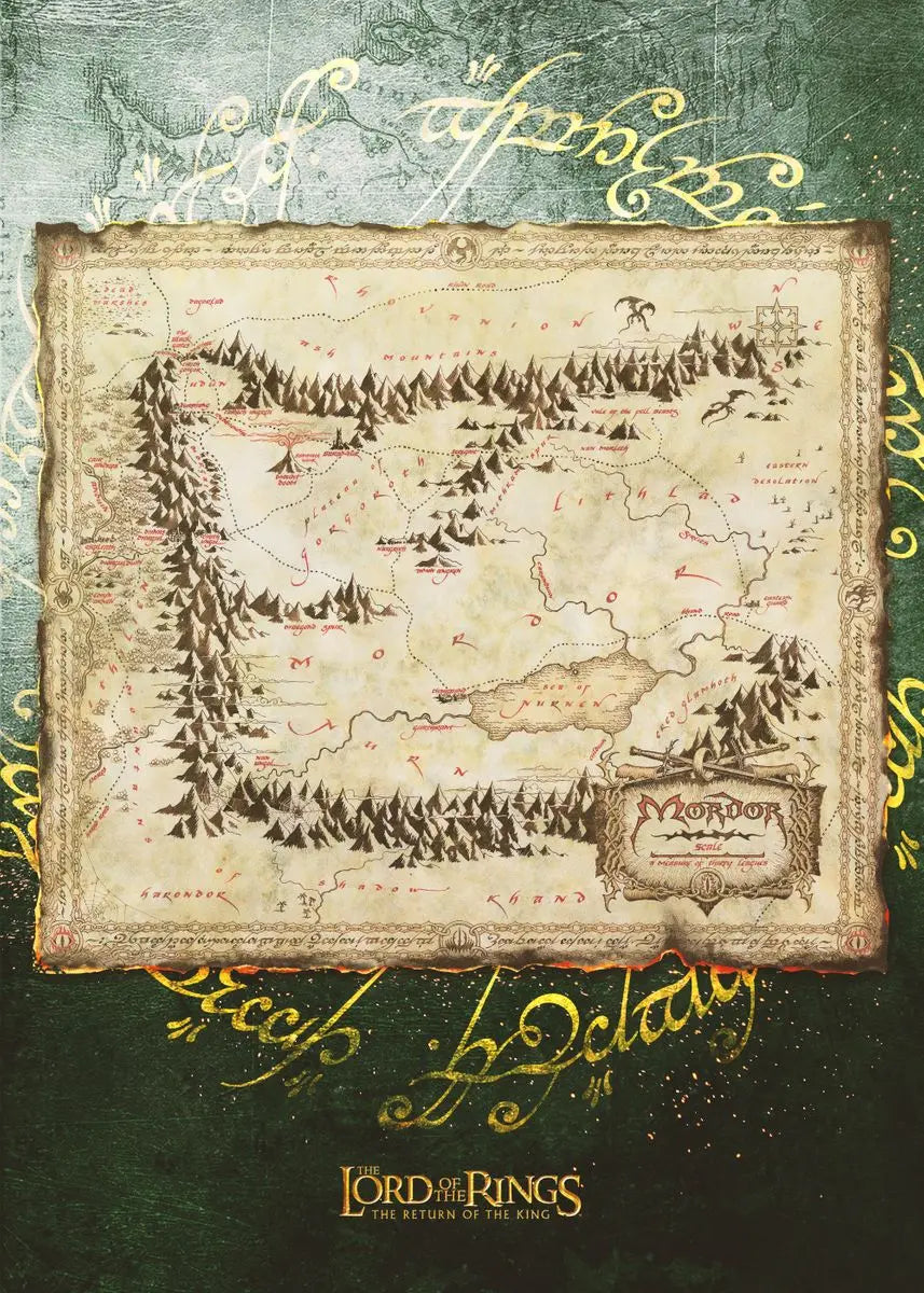 Vintage retro world map canvas wall art featuring a detailed map of Mordor with ornate text and gold accents.