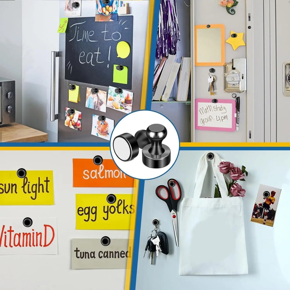 A collection of magnetic whiteboard stickers featuring food items like sun light, egg yolks, and tuna canned on a white board