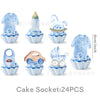 A set of 24 silicone cake sockets shaped like various items including a bottle, a horse, and other decorative elements for ba