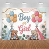 A gender reveal backdrop featuring balloons, pink and blue accents, and two teddy bears.