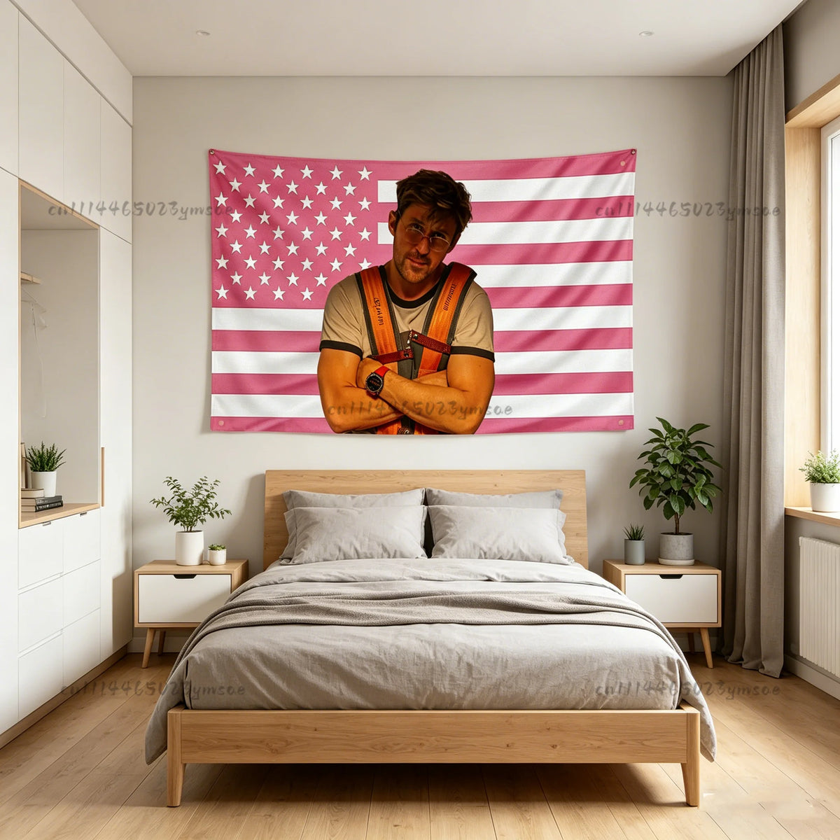 A bed decorated with a patriotic American flag tapestry featuring stars and stripes.