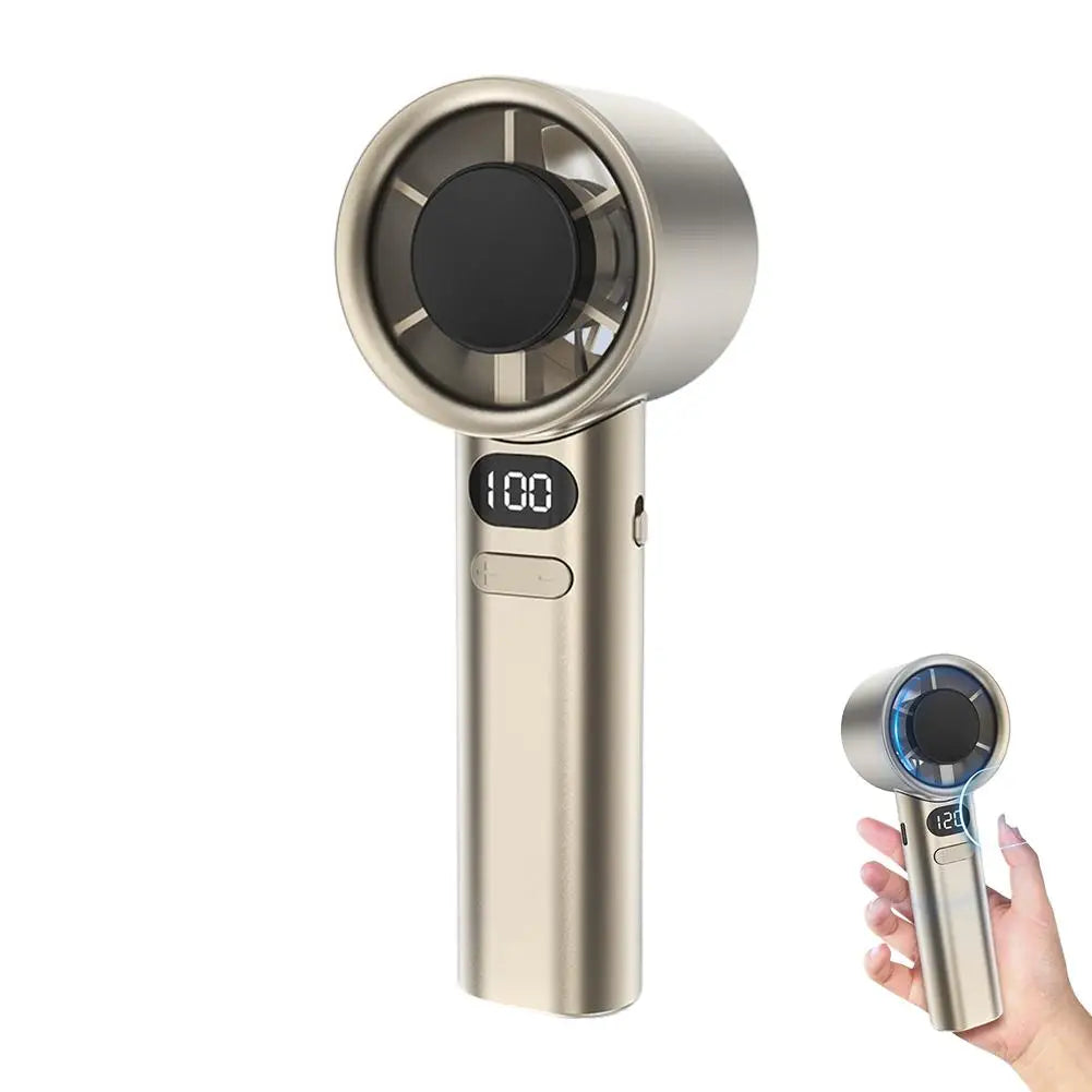 A portable rechargeable handheld fan with a silver finish and a digital display showing 100.