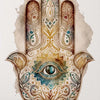 Watercolor painting of a handprint with an eye design and intricate floral patterns in earthy tones.