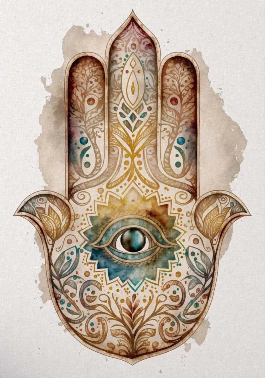 Watercolor painting of a handprint with an eye design and intricate floral patterns in earthy tones.
