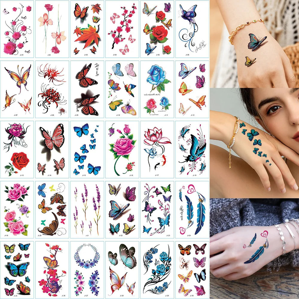 A collection of 30 waterproof temporary body art stickers featuring various colorful butterflies and floral designs.