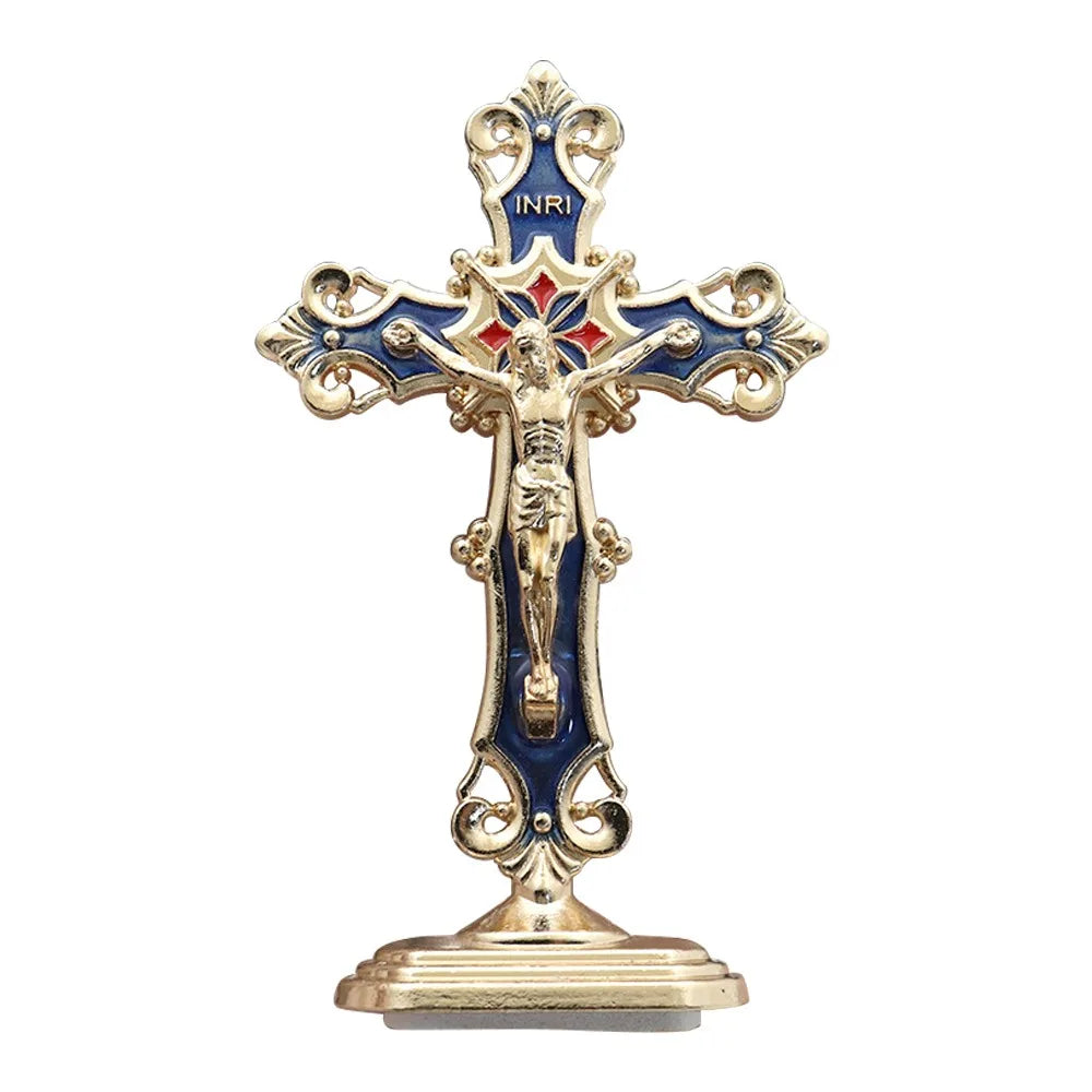 Golden Crucifix Figurine with Enamel Accents