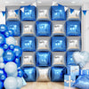 Blue and silver foil balloon wall panels arranged in a grid with blue balloons and a heart shape