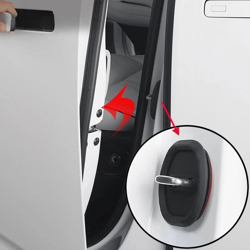 Close-up view of a silicone car door lock protector showing the installation and mechanism for quiet, anti-rust bumper pads.
