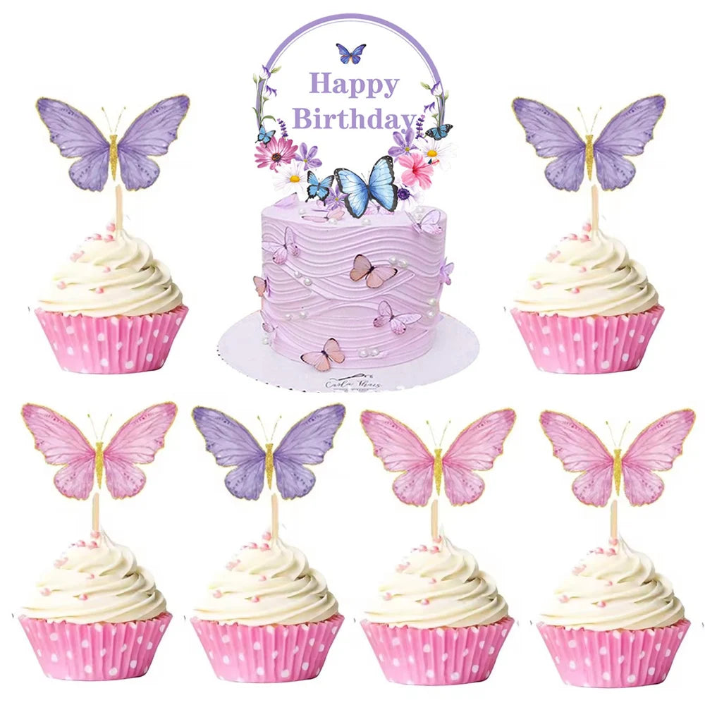 A set of butterfly cupcake toppers featuring purple, blue, and pink butterflies on white frosting.