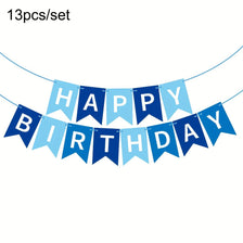 A banner featuring the words HAPPY BIRTHDAY made of pink and purple bunting flags.