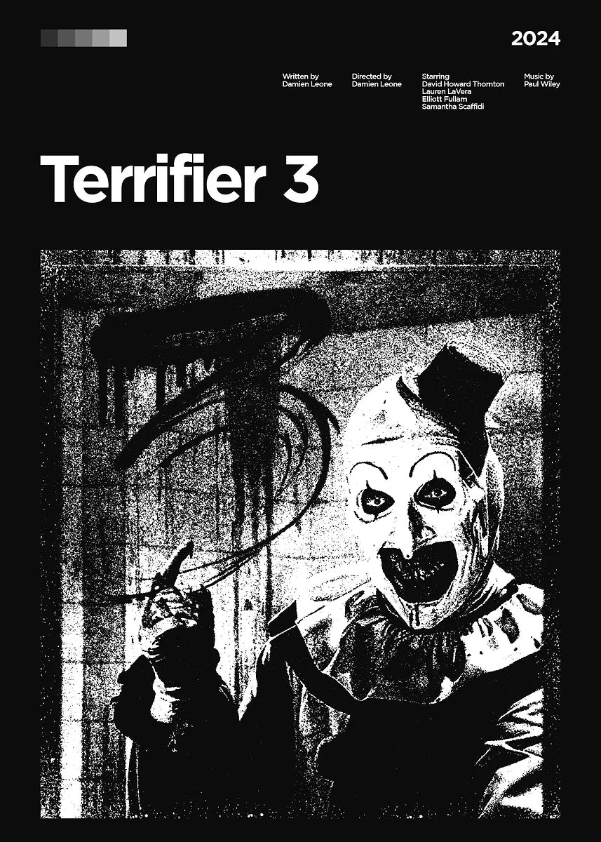 A black and white horror movie poster featuring a menacing clown face in a dark, gritty setting.