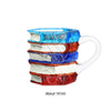 A stack of hand-painted mugs featuring various book designs in shades of blue, orange, and white.