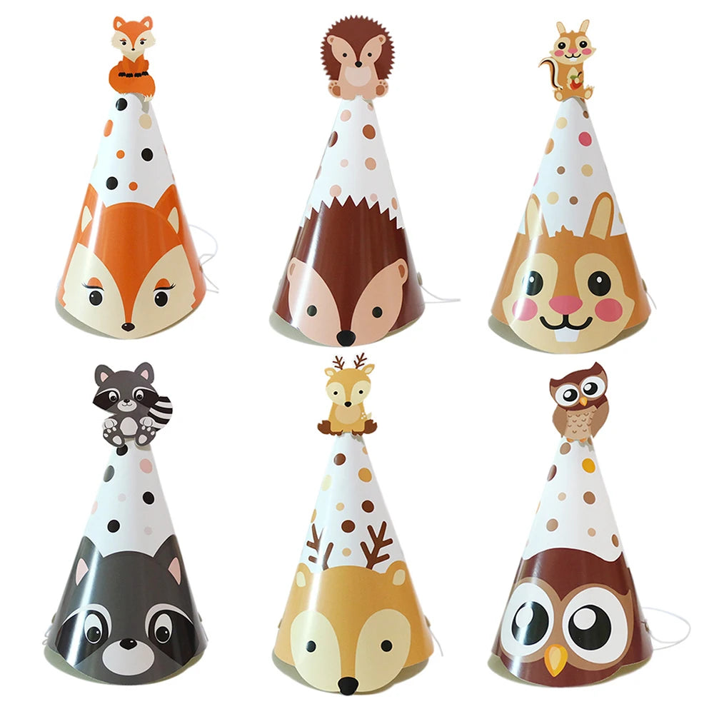 A set of five safari animal birthday decorations featuring fox, lion, and owl figures in various colors.