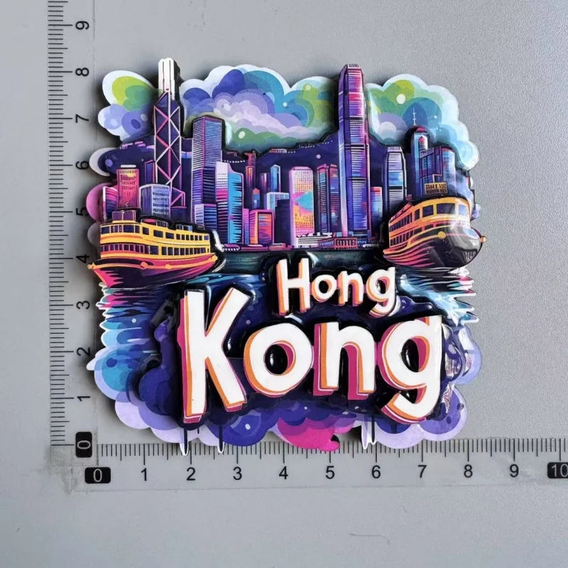Colorful wooden fridge magnets featuring a cityscape skyline and the text Hong Kong