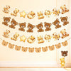 A decorative banner featuring various teddy bears and stars for a birthday party theme.