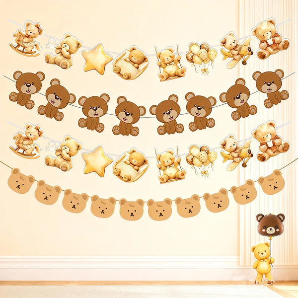 Bannière décorative avec des ours en peluche et des étoiles pour une fête d'anniversaire.