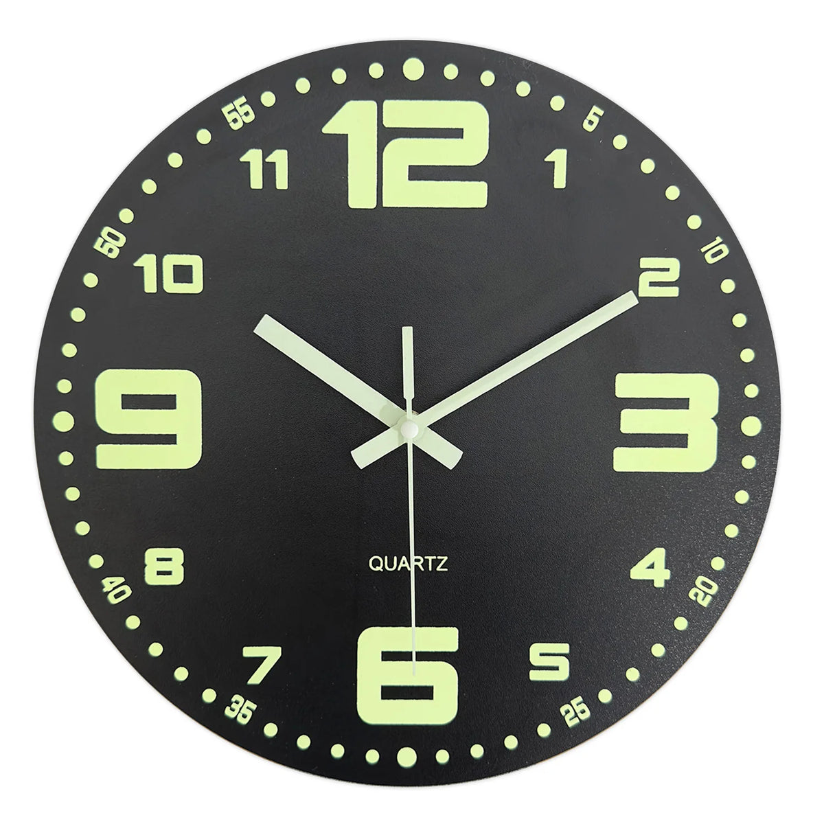 A round, black analog wall clock with light green hour markers and hands.