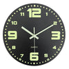 A round, black analog wall clock with light green hour markers and hands.