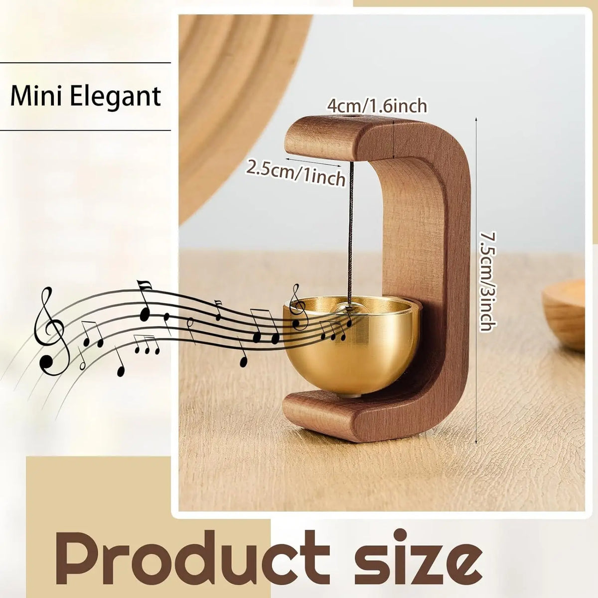 A mini elegant wooden wind chime doorbell featuring a copper bell, shown in profile.