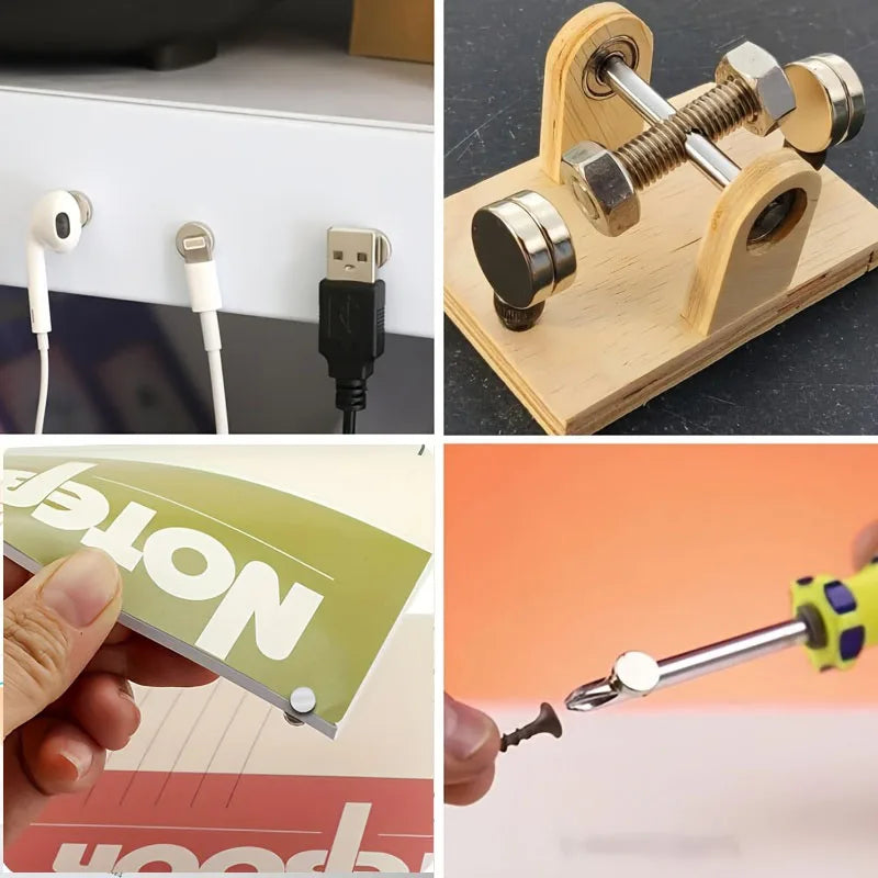 A hand is shown applying a round neodymium disc magnet to a piece of cardboard.