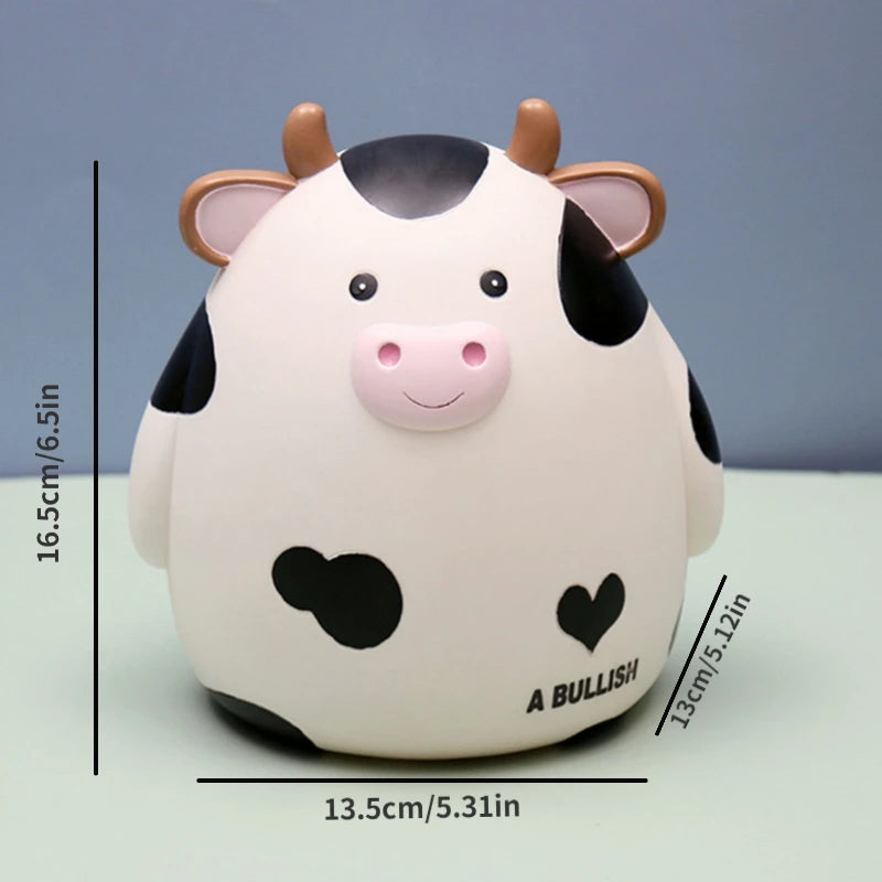 A cute white and black cow figurine shaped like a piggy bank for saving money.