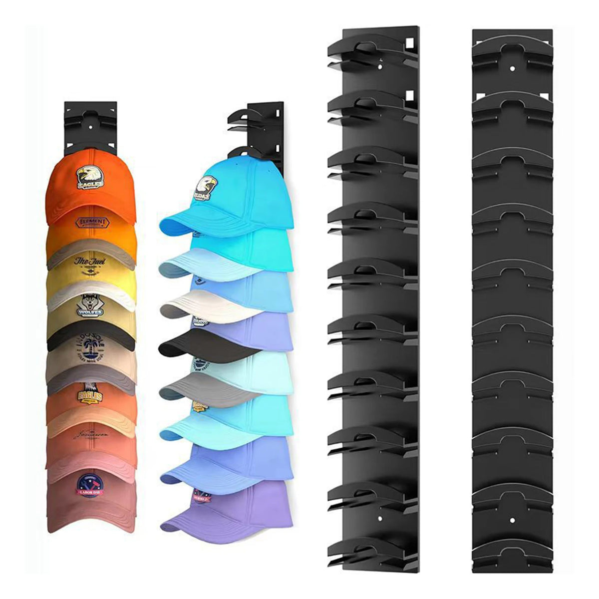 Wall mounted hat organiser rack with multiple black slots for storing hats