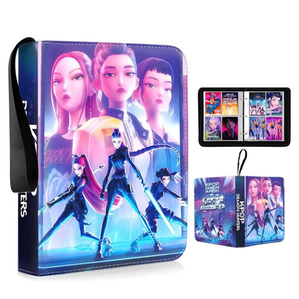 A black photo album binder featuring a collage of seven female characters from a series on the cover.