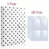 A white A5 photocard album binder with black polka dots, shown next to a stack of 25 individual clear photo cards.
