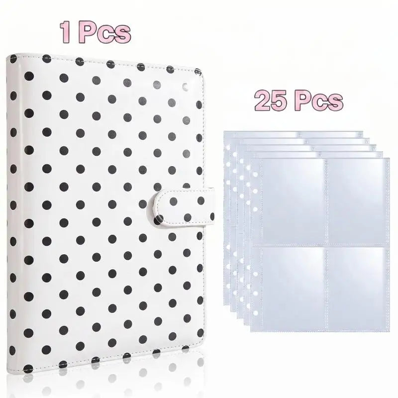 A white A5 photocard album binder with black polka dots, shown next to a stack of 25 individual clear photo cards.