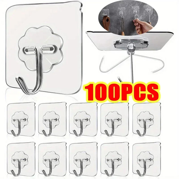 A set of 100 transparent self-adhesive wall hooks and a mounting plate for various uses.