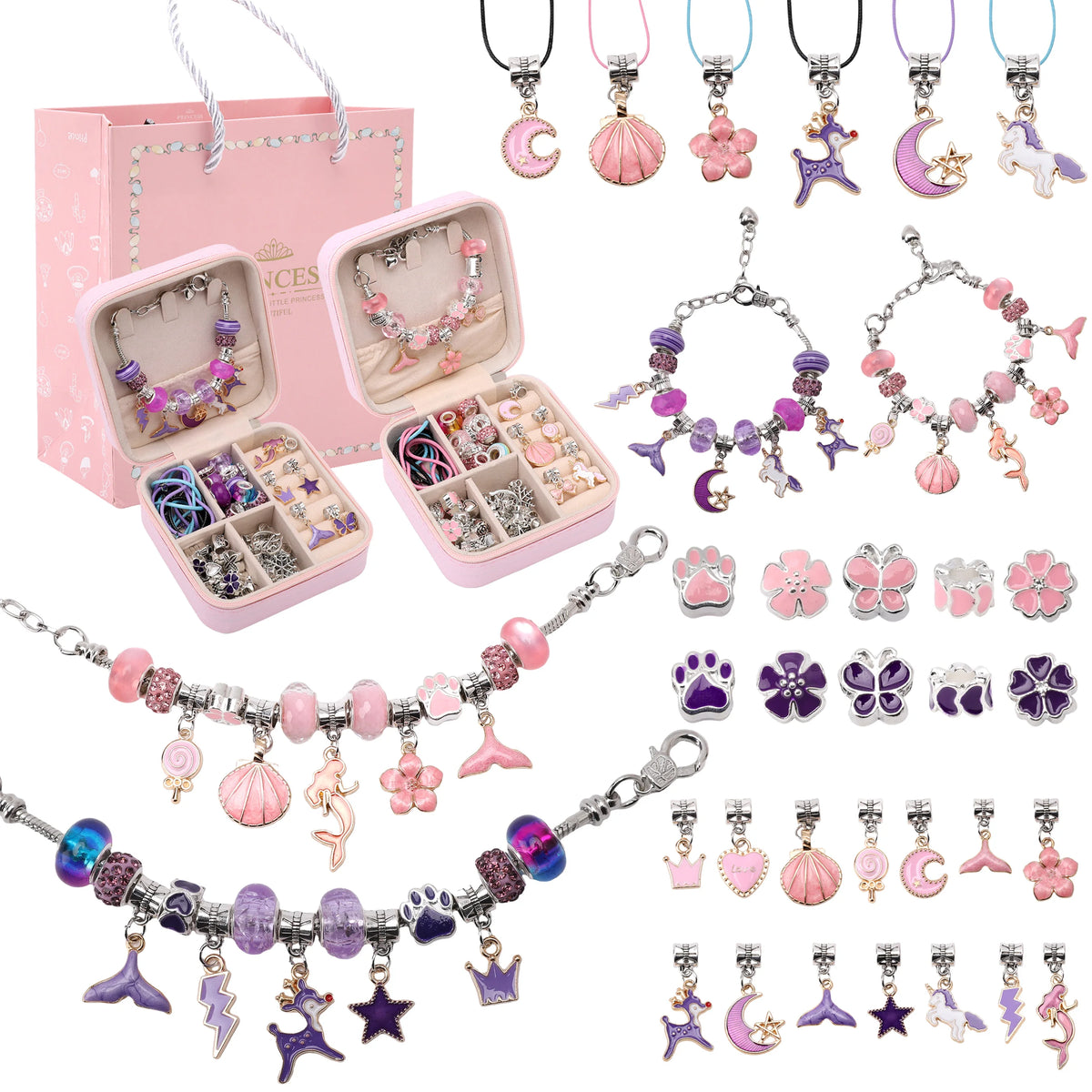 A pink box containing a DIY bracelet making kit with various beads, findings, and jewelry organizers.