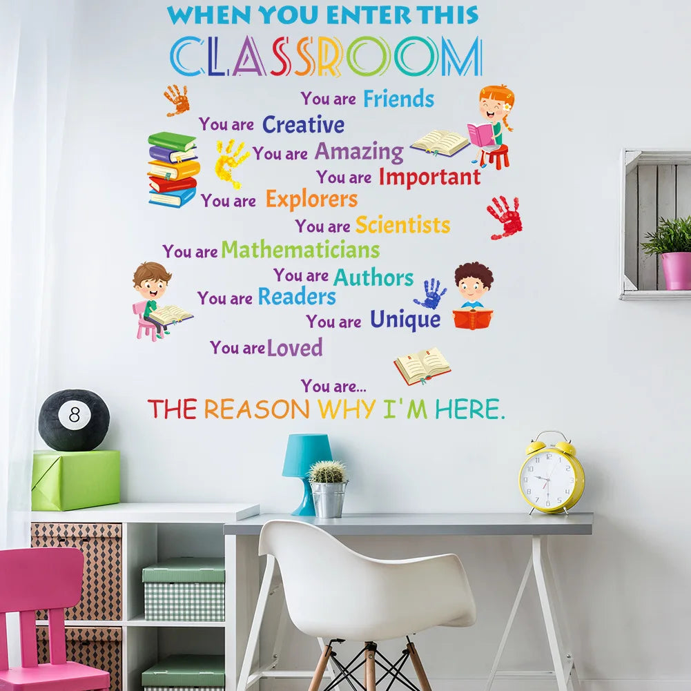 Inspirational slogan wall stickers featuring positive attributes like Creative, Amazing, Explorers, Scientists, and Loved.