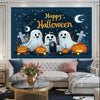 A Halloween neon backdrop featuring pumpkins, a bat, and a skull for a photo booth background.