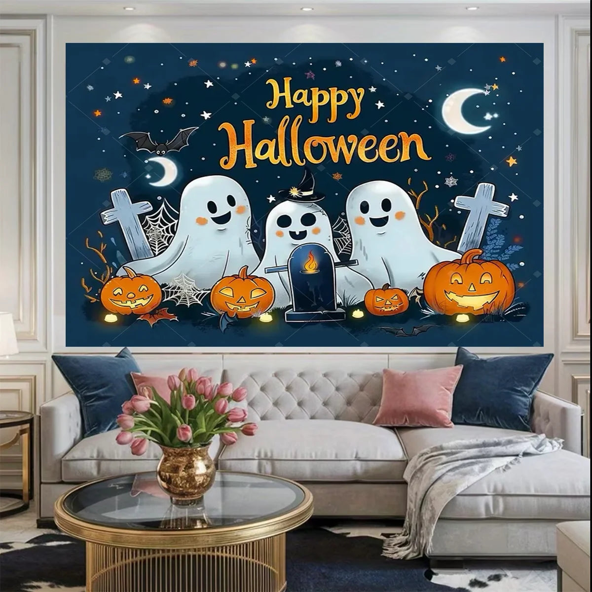 A Halloween neon backdrop featuring pumpkins, a bat, and a skull for a photo booth background.